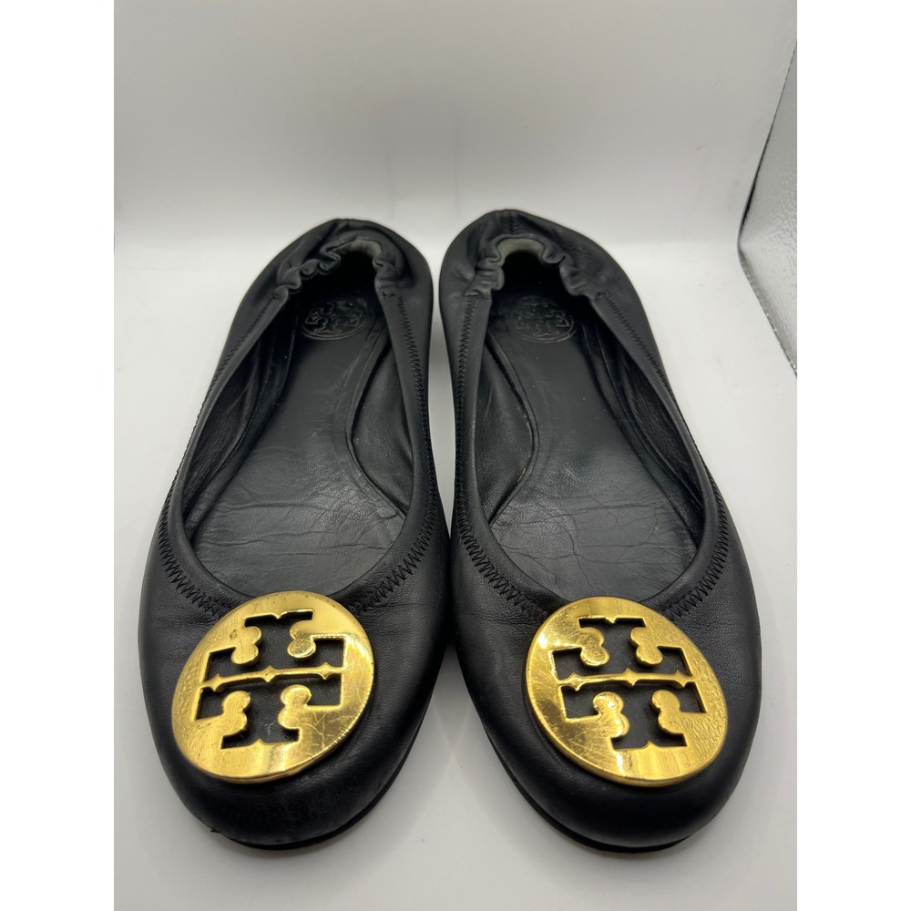 Tory Burch Black Leather Minnie Travel‎ Ballet Flats Gold Logo Women's Size